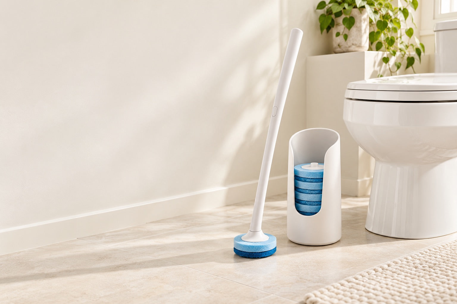 Illustration of the Swishlo scrubber concept beside a toilet