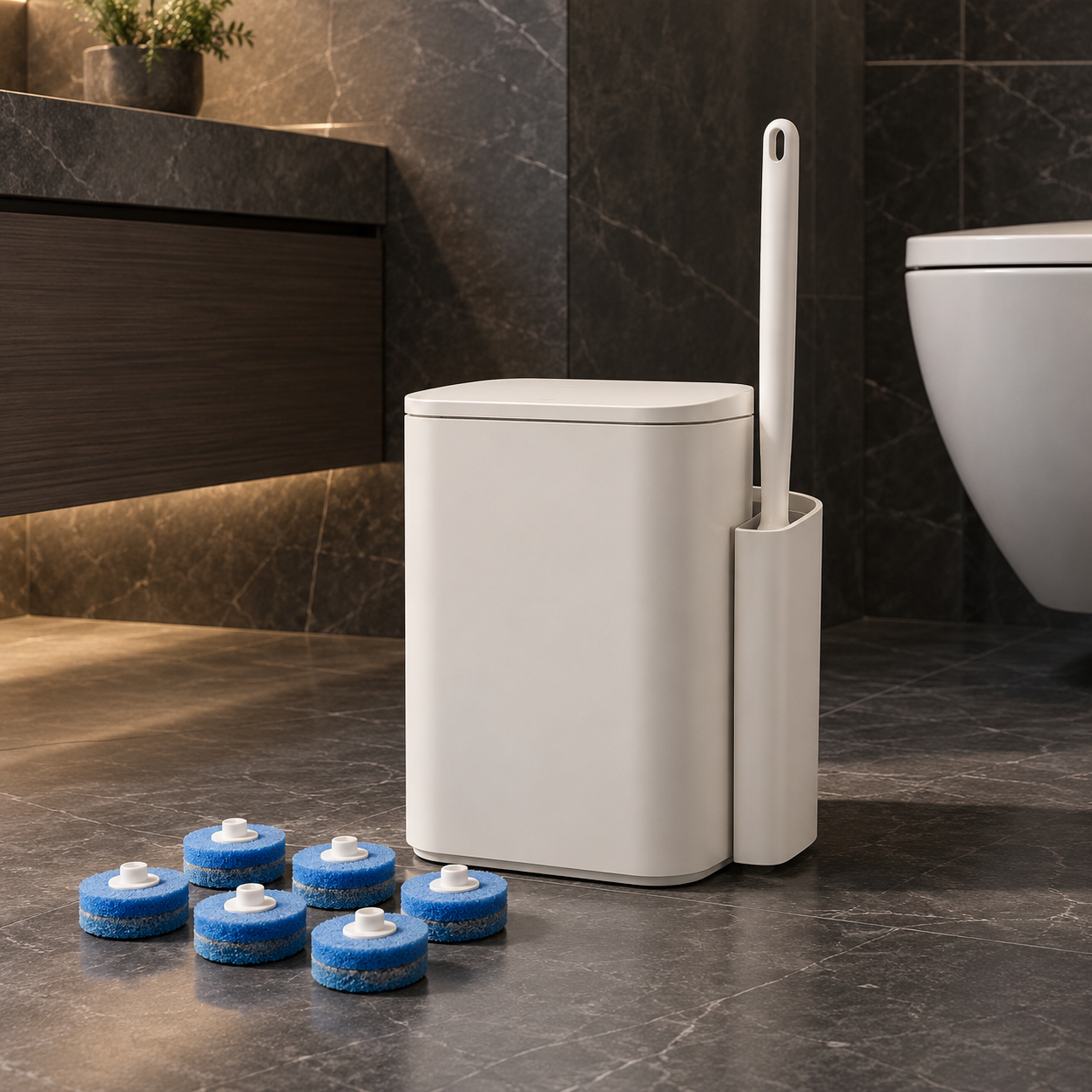 Concept image of a slim bathroom bin with an integrated toilet brush and six blue cleaning heads